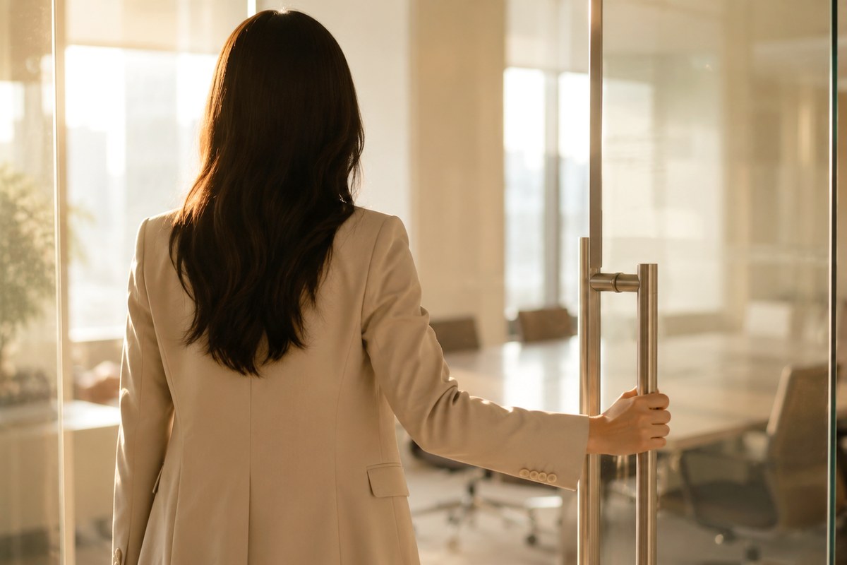 사무실 문을 열고 들어서는 뒷모습