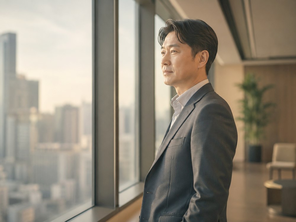 도시가 내려다보이는 사무실 창가에 선 리더
