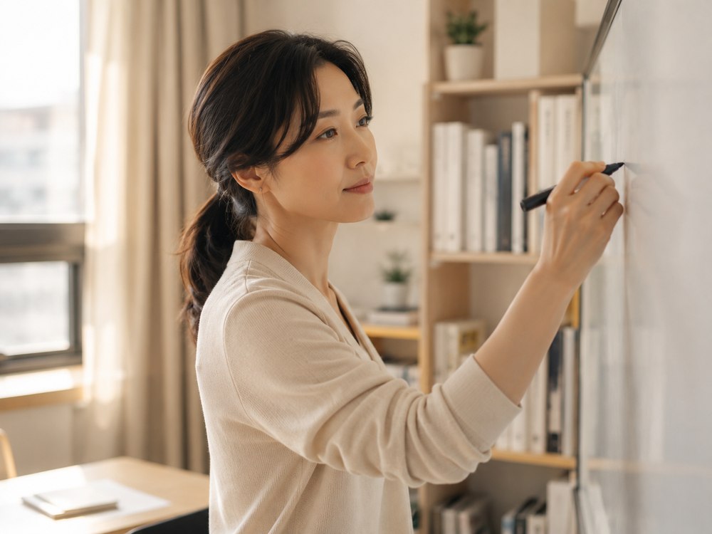 노트에 메모하며 수업을 준비하는 교육자